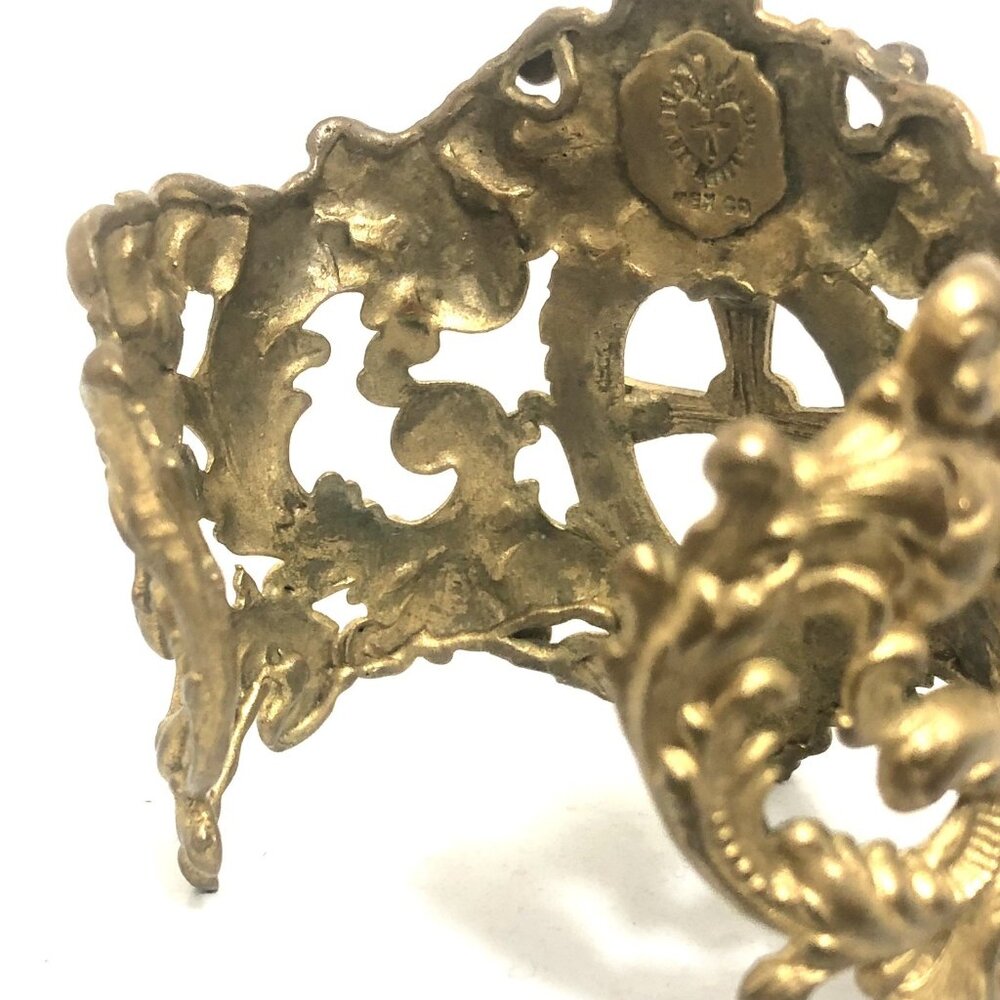 Vintage Wide Cuff Bracelet Virgins Saints & Angels Cross Gold Tone Ornate - Picture 10 of 14
